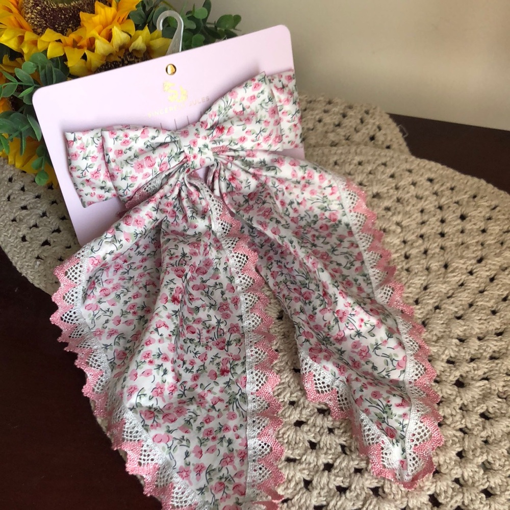 Sincerely Jules Large Floral Hair Bow with Pink Lace Trim